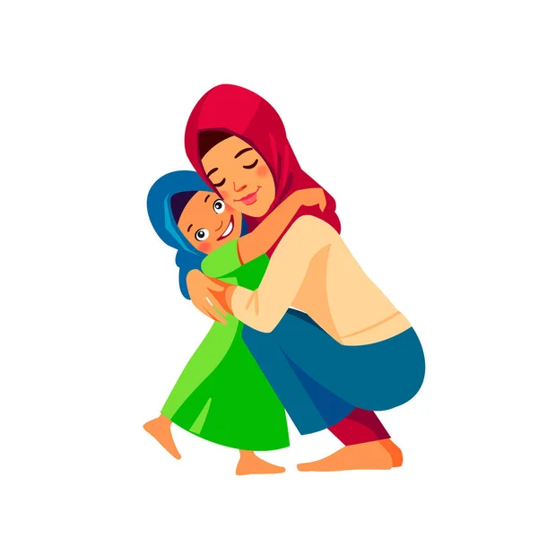 Μουσουλμάνα μητέρα και παιδί. Η μαμά αγκαλιάζει την κόρη της με πολλή αγάπη και τρυφερότητα. Ημέρα μητέρων, ιδέα διακοπών. Κινούμενο επίπεδο απομονωμένο διανυσματικό σχεδιασμό — Διανυσματικό Αρχείο