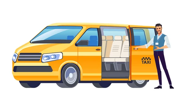 Taxikář zvoucí cestující dostat do Minibus taxi. Van car driver service. Taxislužba. Uvítací gesto. Vektorová ilustrace, plochý design, kreslený styl. Izolované pozadí — Stockový vektor