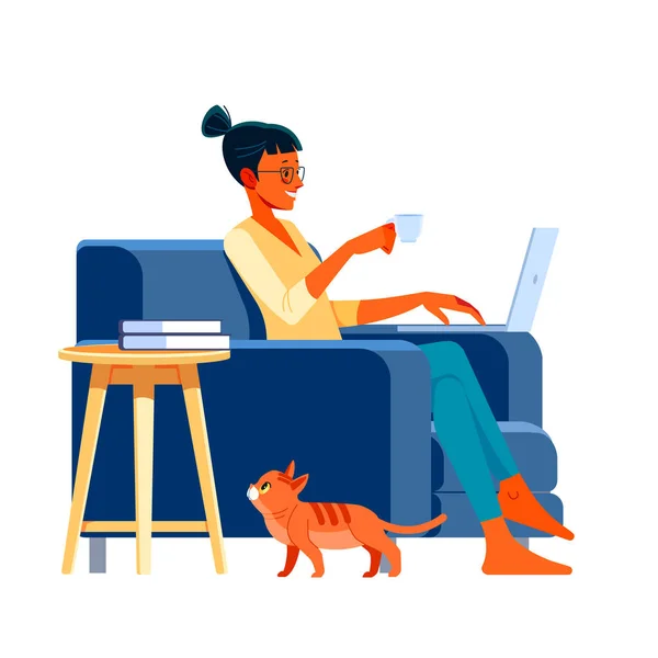 Jeune femme afro-américaine avec ordinateur portable assis sur le fauteuil. Freelance ou concept d'étude. Illustration mignonne dans un style plat — Image vectorielle