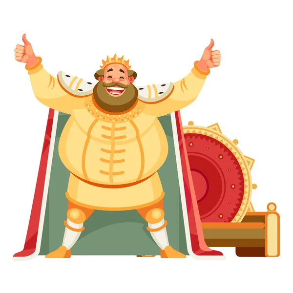Králův kreslený postava s širokým úsměvem, při pohledu na diváka se šťastným výrazem, ukazující palce nahoru oběma rukama, dosažení cílů. Řeč těla. Vektorové ilustrace izolované pozadí — Stockový vektor