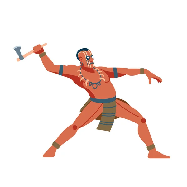 Guerreiro nativo americano ou bravo pulando em direção e atacando com um tomahawk. Vetor desenho animado clip arte ilustração isolada de fundo branco. — Vetor de Stock