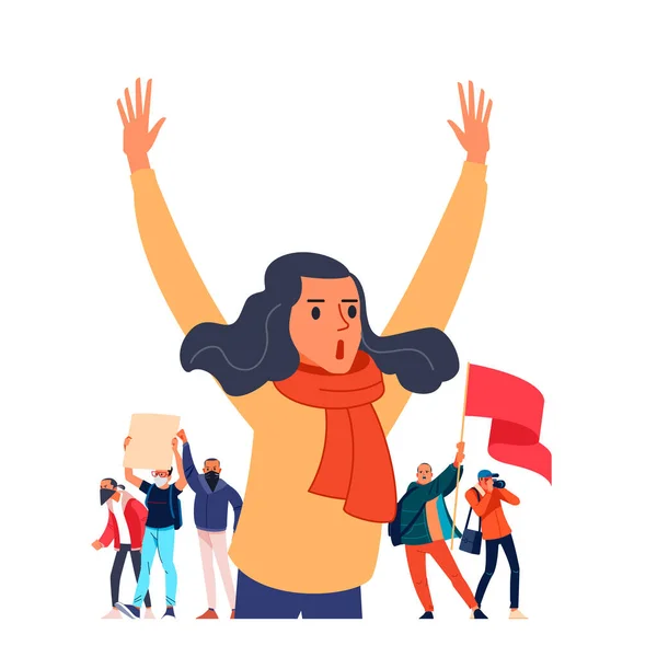 Uma jovem líder grita e levanta as mãos, apoiando os protestos contra um pano de fundo de manifestantes descontentes, ativistas com cartazes. Desenho plano ilustração colorida isolado em branco —  Vetores de Stock