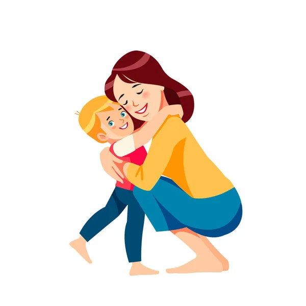 Madre e hijo. Mamá abrazando a su hijo con mucho amor y ternura. Día de las madres, concepto de vacaciones. Dibujos animados plano diseño vectorial aislado — Archivo Imágenes Vectoriales