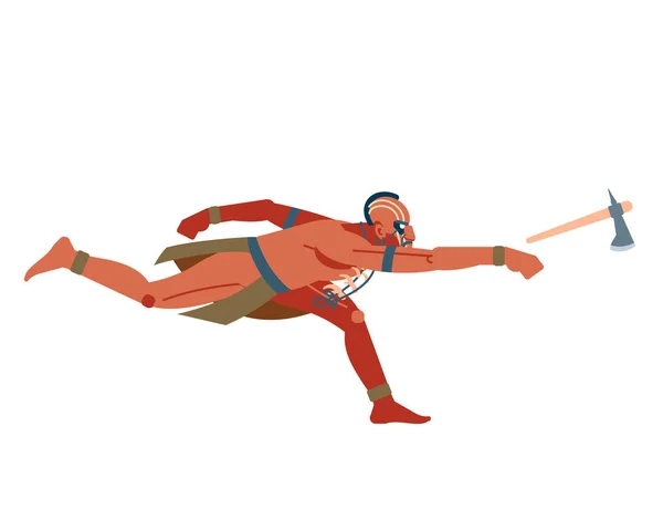 Hombre guerrero azteca personaje o valiente saltando hacia y atacando con un tomahawk. Vector de dibujos animados clip ilustración aislado de fondo blanco. — Vector de stock