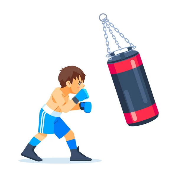 Um jovem pugilista adolescente treina com um saco de areia para o boxe. Fitness, esportes, exercício, força de vontade e conceito de estilo de vida. Desenhos animados ilustração vetorial no fundo branco. — Vetor de Stock