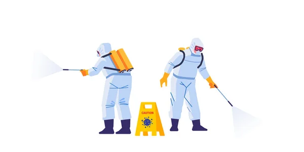Disinfecting workers wear protective masks and spacesuits against pandemic coronavirus or covid-19 sprays. COVID-21 Coronavirus disinfect. Cartoon style vector illustration isolated background — Stock Vector