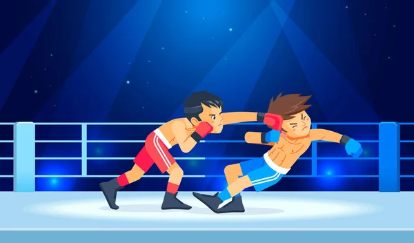 Rapazes lutadores ou pugilistas perdem e são atingidos na cara enquanto têm um knockdown ou Knockout no ringue de boxe. Personagem de desenhos animados, ilustração vetorial de estilo plano — Vetor de Stock