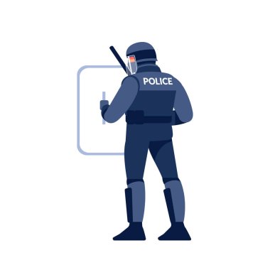 Polis memuru üniformalı, miğferinde kalkan ve sopa var. Beyaz arkaplanda izole edilmiş çizgi film düz karakter tasarım vektör çizimi