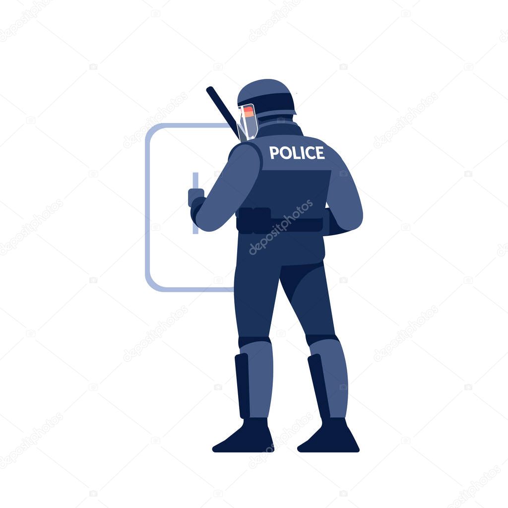 Riot police officer in uniform, helmet with shield and baton. Cartoon flat style character design vector illustration isolated on white background