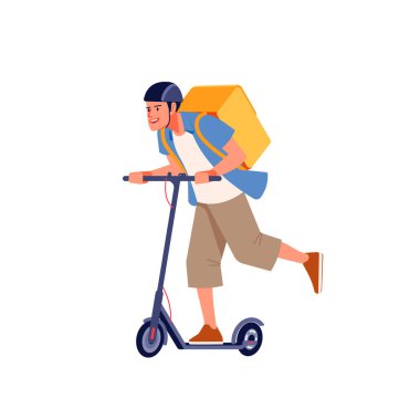 Termal kutuyla elektrikli scooter kullanan kasklı teslimatçı. Yiyecek veya paket getiren neşeli genç kuryenin portresi. Hızlı teslimat hizmeti konsepti. Vektör illüstrasyonu düz biçimi