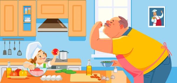 Ragazza carina e il suo nonno che cucina in cucina. Nonno e nipote preparano un'insalata. La famiglia felice cucina insieme in casa. Casa e cucina nel fine settimana. Illustrazione vettoriale cartone animato — Vettoriale Stock