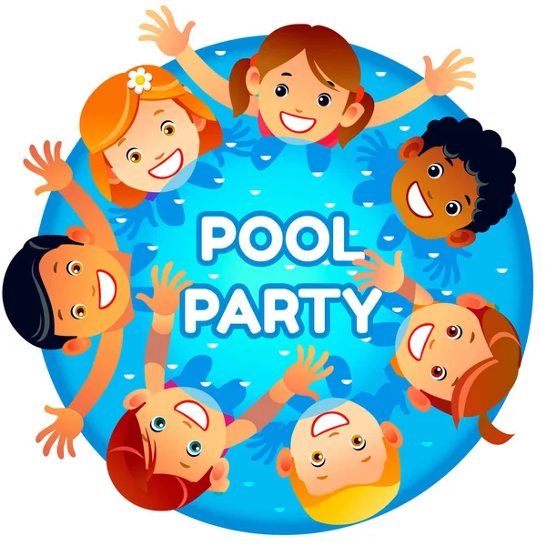 Banner modello invito festa in piscina. I bambini multirazziali si divertono in piscina. Bambini che giocano alzando le mani. Bambini Amicizia Aspirazione Concetto. Illustrazione vettoriale cartone animato — Vettoriale Stock