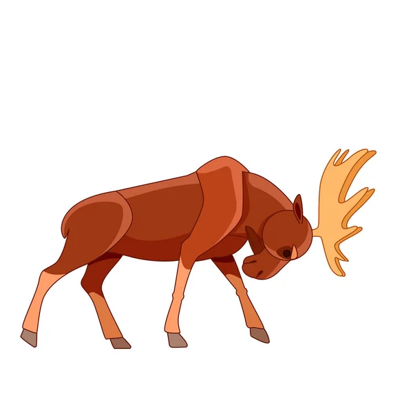 Pertarungan Bull Moose yang marah. Woodland moose dalam gaya kartun. Adegan dari alam liar. Ilustrasi datar karakter kartun diisolasi pada latar belakang putih - Stok Vektor