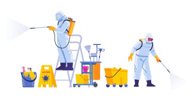 COVID-21 Coronavirüs dezenfektanı. Dezenfekte işçileri salgın veya covid-19 spreylerine karşı koruyucu maskeler ve uzay giysileri giyerler. Çizgi film biçimi vektör çizimi izole edilmiş arkaplan