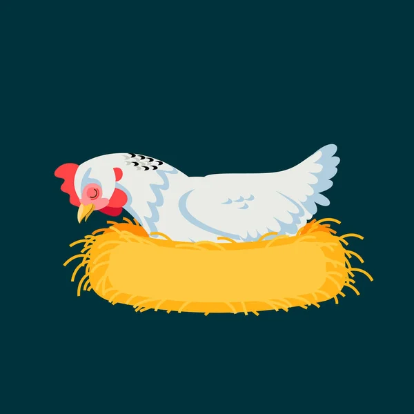 Мультяшная курица спит. Белая курица вылупляет яйцо в клетке. векторная иллюстрация — стоковый вектор