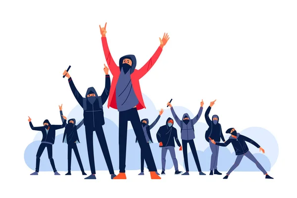 Manifestations de jeunes hooligans, incendies, combats de rue avec de la suie. Les manifestants lancent des pierres vers la police pendant les émeutes dans les rues de la ville. Illustration vectorielle dessin animé de style plat isolée sur fond blanc — Image vectorielle