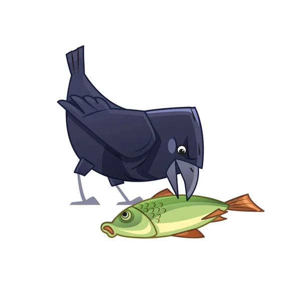 Corvo dos desenhos animados come peixe. Personagem de pássaro de corvo. Ilustração vetorial isolada sobre fundo branco —  Vetores de Stock