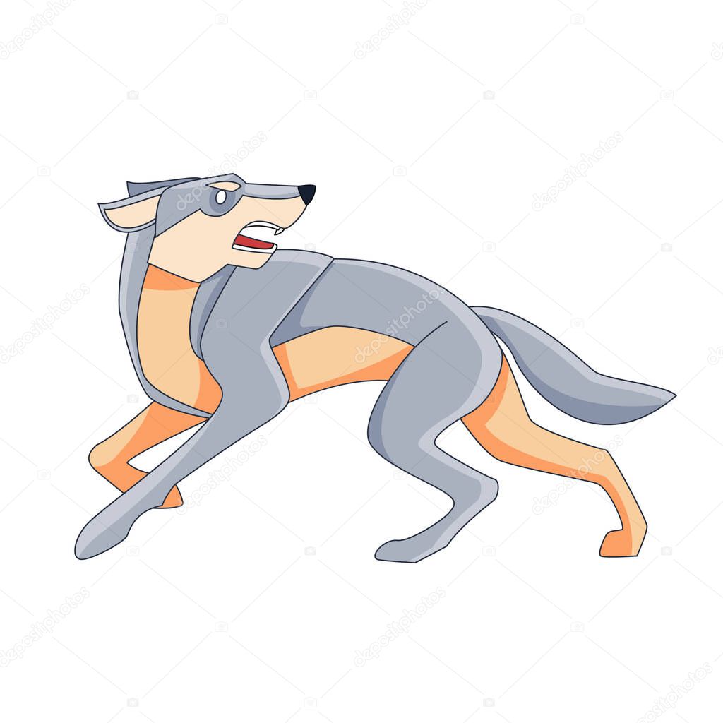 Wolf runs away. Cartoon character of a dangerous mammal animal. A wild forest creature with gray fur. Side view. Vector flat illustration isolated on a white background