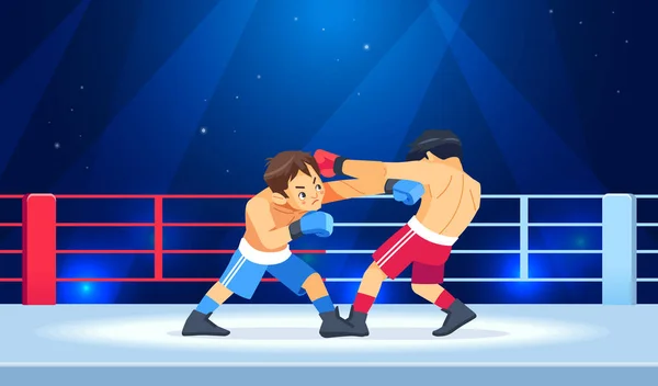 Boxeo profesional entre chicos en el ring. Boxeo adolescente, niños de kickboxing en la arena. Los niños luchan con estas emociones adultas. Concepto de deporte y estilo de vida saludable. Dibujos animados vector ilustración — Archivo Imágenes Vectoriales