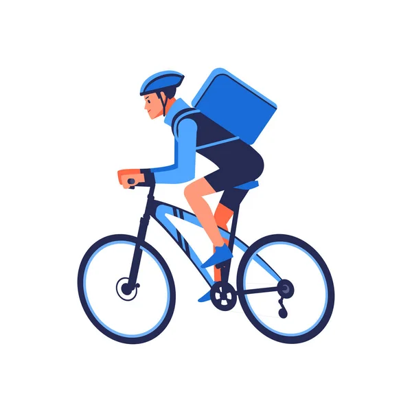 Motorista de bicicleta de entrega de alimentos com mochila azul nas costas está a caminho para entregar comida. Correio em bicicleta entregando comida. Transporte rápido de mercadorias para os clientes. Ilustração vetorial de estilo plano — Vetor de Stock