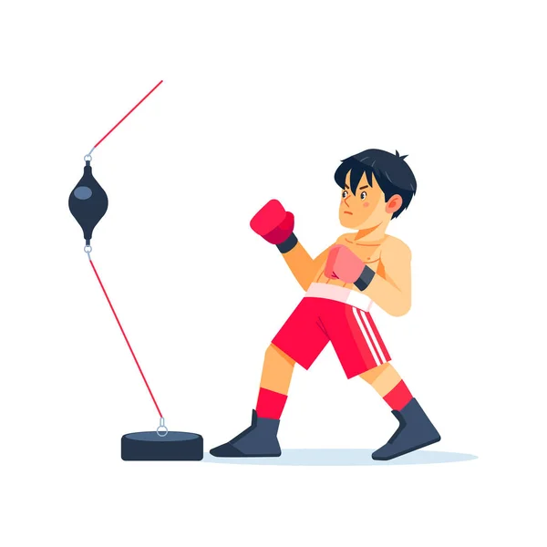 Young Boxer fa un po 'di allenamento su una borsa da boxe a doppia estremità in palestra, il bambino prende un nuovo hobby. fumetto piatto vettoriale illustrazione su sfondo bianco — Vettoriale Stock