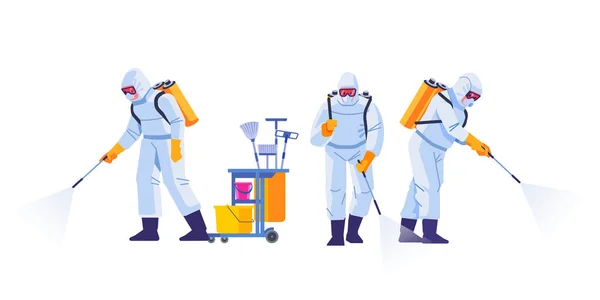 Temizlik hizmeti ile ev dezenfeksiyonu. Virüs korumalı giysiler giyen ve koronavirüs binalarını spreyle dezenfekte eden insanlar. Beyaz arkaplanda izole edilmiş düz çizgi film çizimi — Stok Vektör
