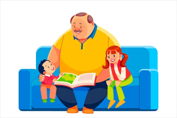 Old grandparent with grandchildren sitting on couch at home and reading book. Grandfather, grandson and granddaughter spending time together and studying with textbook. Cartoon vector illustration — Stock Vector