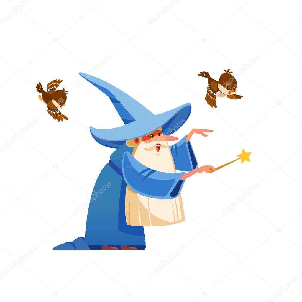 Cartoon kind wizard character. Old witch man in wizards robe, magician warlock and magic medieval sorcerer merlin, male witchcraft in hat and mantle. Cartoon style vector isolated illustration.