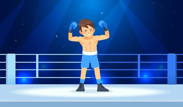El chico campeón de boxeo disfruta de su victoria en las luces del ring. Boxeo profesional entre chicos jóvenes. Dibujos animados vector ilustración — Archivo Imágenes Vectoriales