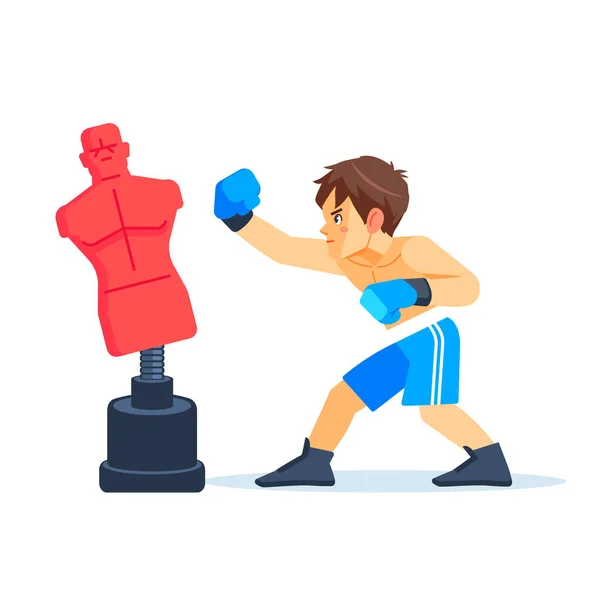 Boxer boy training with punching dummy. Teenager boxing, hitting a Punching bag - mannequin. Fitness, sport, training, will power and lifestyle concept. Cartoon vector illustration on white background — Stock Vector