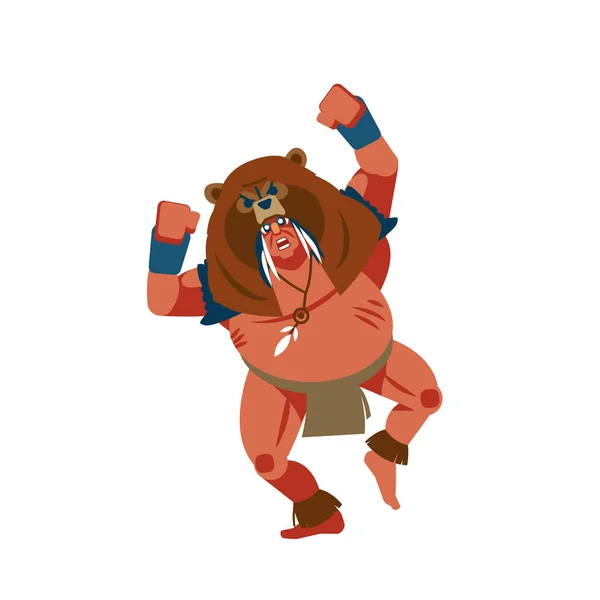 Dél-amerikai, maja, azték vagy inka harcos medve bőrében. Egy bennszülött amerikai táncos részt vesz egy hagyományos táncban. Cartoon Flat stílusú vektor illusztráció elszigetelt fehér. — Stock Vector