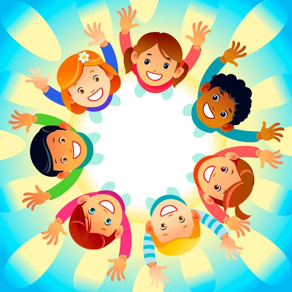 Multikulturní děti v kruhu se šťastnými tvářemi, zvedající ruce. Slunce svítí. Ilustrace přání na uvítanou se dnem přátelství. Kreslený vektorový obrázek — Stockový vektor