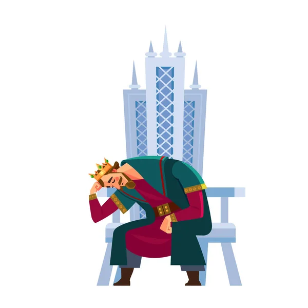 Fáradt király karakter alszik a trónon. Zavart, izzadt, kimerült, gyűrött, túlhajszolt érzelem. Császár, Császár, a középkori király uralkodója. Rajzfilm lapos stílusú vektor illusztráció. — Stock Vector