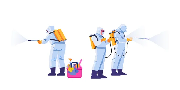 People in virus protective suits and mask disinfecting buildings of coronavirus with the sprayer. Home disinfection by cleaning service. Cartoon flat style illustration isolated on a white background — Stock Vector