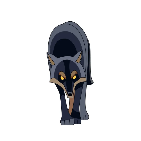 Lobo Negro mira y camina derecho a la presa potencial. Personaje de dibujos animados de un animal mamífero peligroso. Una criatura salvaje del bosque. Vista frontal. Ilustración plana vectorial aislada sobre fondo blanco — Vector de stock