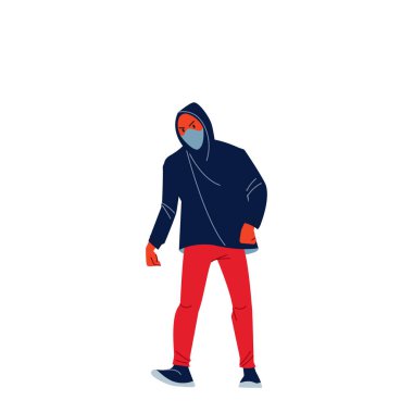 Kapüşonlu kızgın Afrikalı genç adam insan haklarını ve ırkçılığı protesto etmek için yürüyüş yapıyor. Şiddete karşı saldırı. Çizgi film düz karakter çizimi beyaz arkaplanda izole edildi