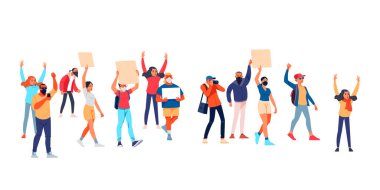 Pankartlı aktivistler, barışçıl hak protestoları, tezahüratlar, kadın ve erkekler törene katılıyorlar. Geçit töreni hakları, yetişkin grevi ve grev. İnsanlar pankart tutuyor. Çizgi film Düz Vektör Çizimi.