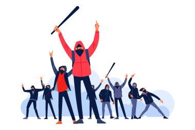 Protestocular şehir sokaklarında çıkan ayaklanmalarda polise taş attılar. Yarasa ve molotof kokteyli taşıyan erkek karakterler huzursuzluklarda saldırıp savaşıyorlar. Düz biçim karakterler vektör çizimi izole edildi