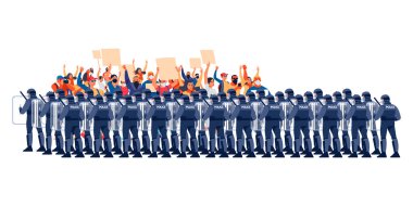İnsan hakları gösterisinde bir sürü insan var. Riot Gear 'daki polis hattı tutuyor. Kızgın erkekler ve kadınlar ellerinde pankartlarla protesto ediyorlar. Siyasi bir mitingde protestocular. Vektör düz resimleme