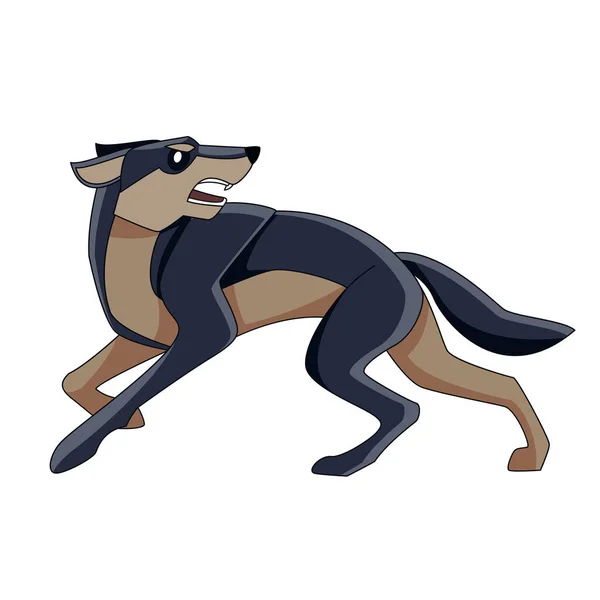 Black wolf runs away from danger. Cartoon character of a dangerous mammal animal. A wild forest creature with dark fur. Side view. Vector flat illustration isolated on a white background — Stock Vector