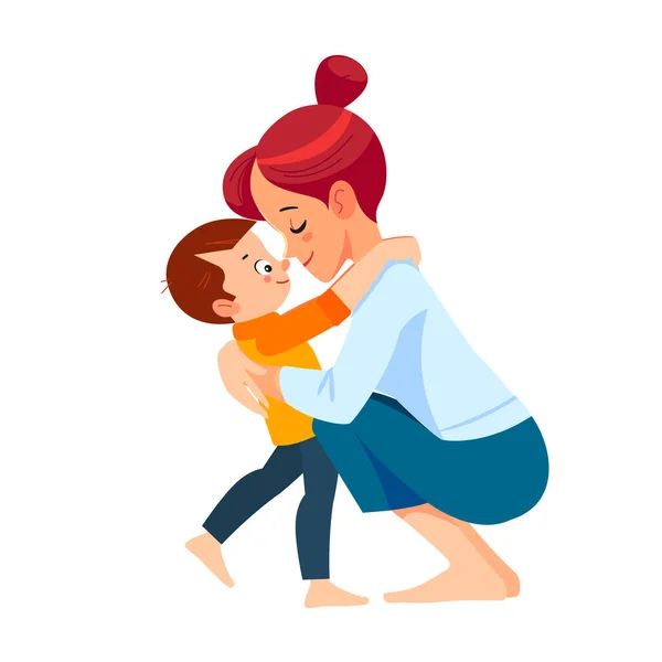 Madre e hijo. Mamá abrazando a su hijo con mucho amor y ternura. Día de las madres, concepto de vacaciones. Dibujos animados plano diseño vectorial aislado — Archivo Imágenes Vectoriales