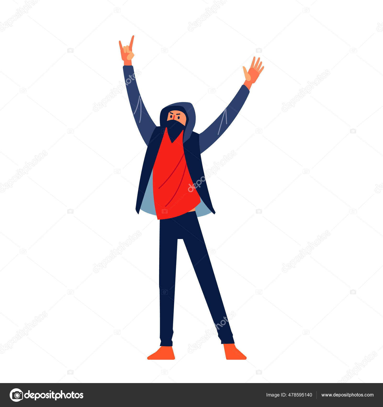 Protester mannen med svart maske og hette marsjerer i protest, skriker  sint, protesterer og krever politiske friheter. Flate tegnsett  vektorillustrasjon isolert på hvit bakgrunn stockvektor © Bahauaddinbek  #478595140, image size:1600x1700