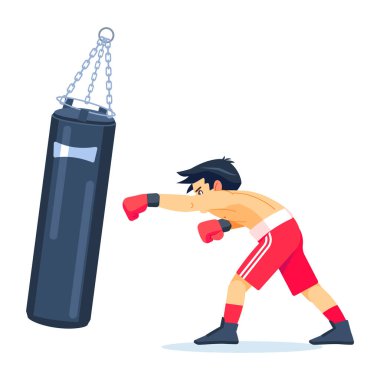 Büyük kum torbalarıyla genç profesyonel boksör boks yapıyor. Fitness, spor, egzersiz, irade gücü ve yaşam tarzı konsepti. Beyaz arkaplanda çizgi film vektör çizimi.