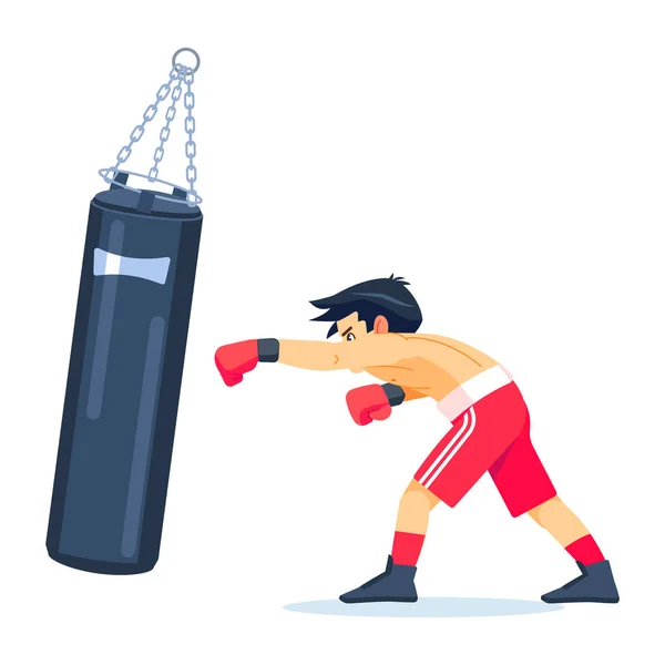 Jonge professionele bokser met grote zakken zand Boksen, trainen. Fitness, sport, beweging, wilskracht en het concept van levensstijl. Cartoon vector illustratie op witte achtergrond. — Stockvector