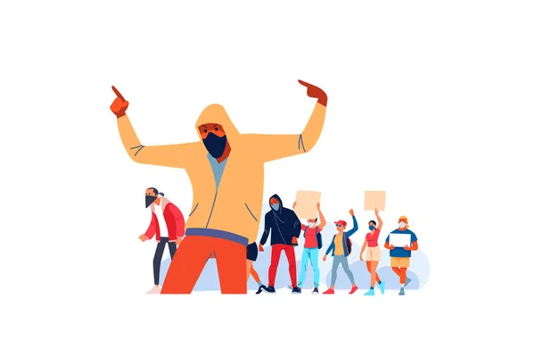 African American young man in hoodie screaming at protest for human rights outdoors in smoke. Group of people protesting at street. Strike against violence. Cartoon Flat style vector illustration —  Vetores de Stock