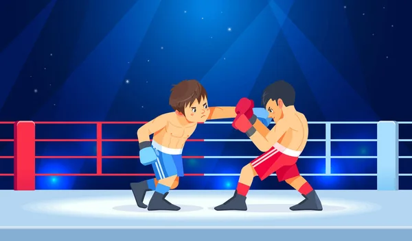 A young boxer blocks a punch in the ring. Teenage boys begin to train their boxing skills in the arena. Friends in gloves, fighting. Sports, martial arts concept cartoon vector illustration — Vetor de Stock