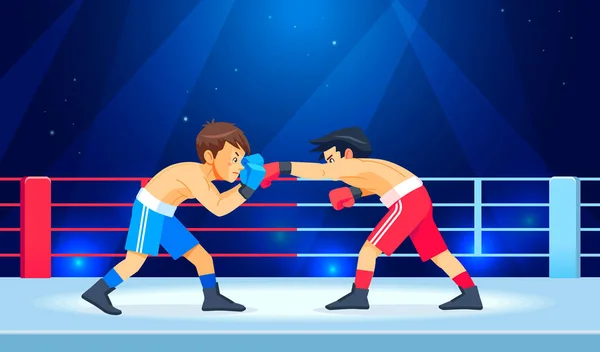 Boksen tussen jongens aan de ring. Tiener boksen, kickboksen kinderen in de arena. Kinderen vechten met deze volwassen emoties. Popularisatie van sport en gezonde levensstijl. Cartoon vector illustratie — Stockvector