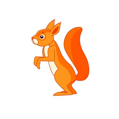 Cute Squirrel stands and watches curiously. Cartoon character of a mammalian rodent. A wild forest creature with orange fur. Side view. Vector flat illustration isolated on a white background