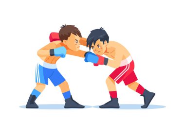 Boxing among teen. Boys boxing, kickboxing children. Children fight with these adult emotions. Popularization of sports and healthy lifestyle. Cartoon vector illustration isolated on white background