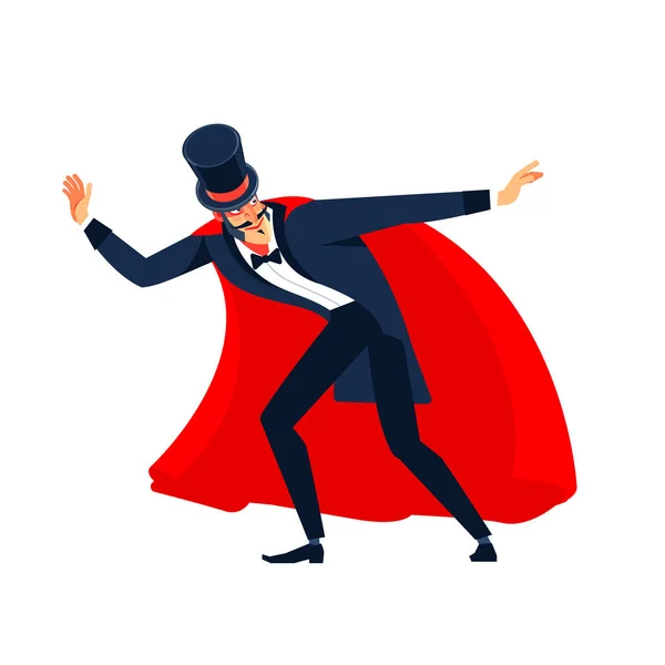 Showman spreading hands, show begins. Magician wearing suit, red cloak and top hat standing. Snowman posing playful looking aside smiling cheerful full body shot. Cartoon vector illustration isolated —  Vetores de Stock